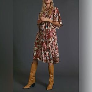 Anthropologie Red and Pink Ruffled Tiered Midi Sundress